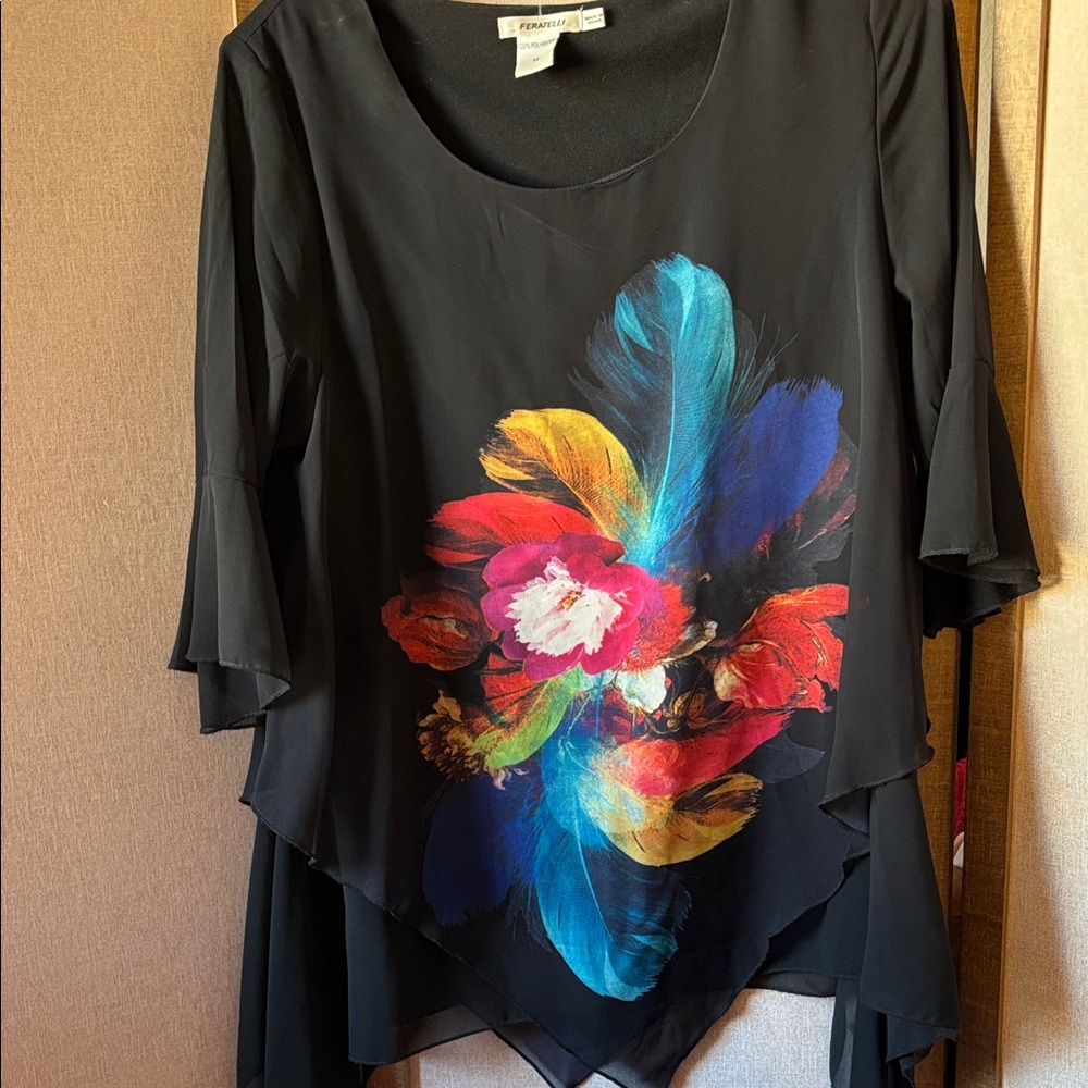FINAL MARKDOWN Feratelli Design Black Top with Vibrant Floral Print medium